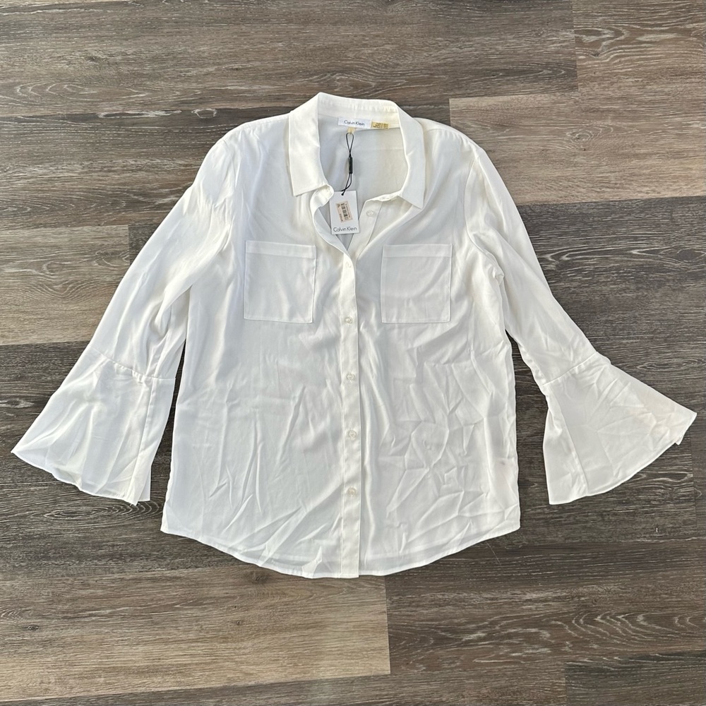 Calvin Klein White Ivory Bell Sleeve Button Down Blouse Shirt Size Large